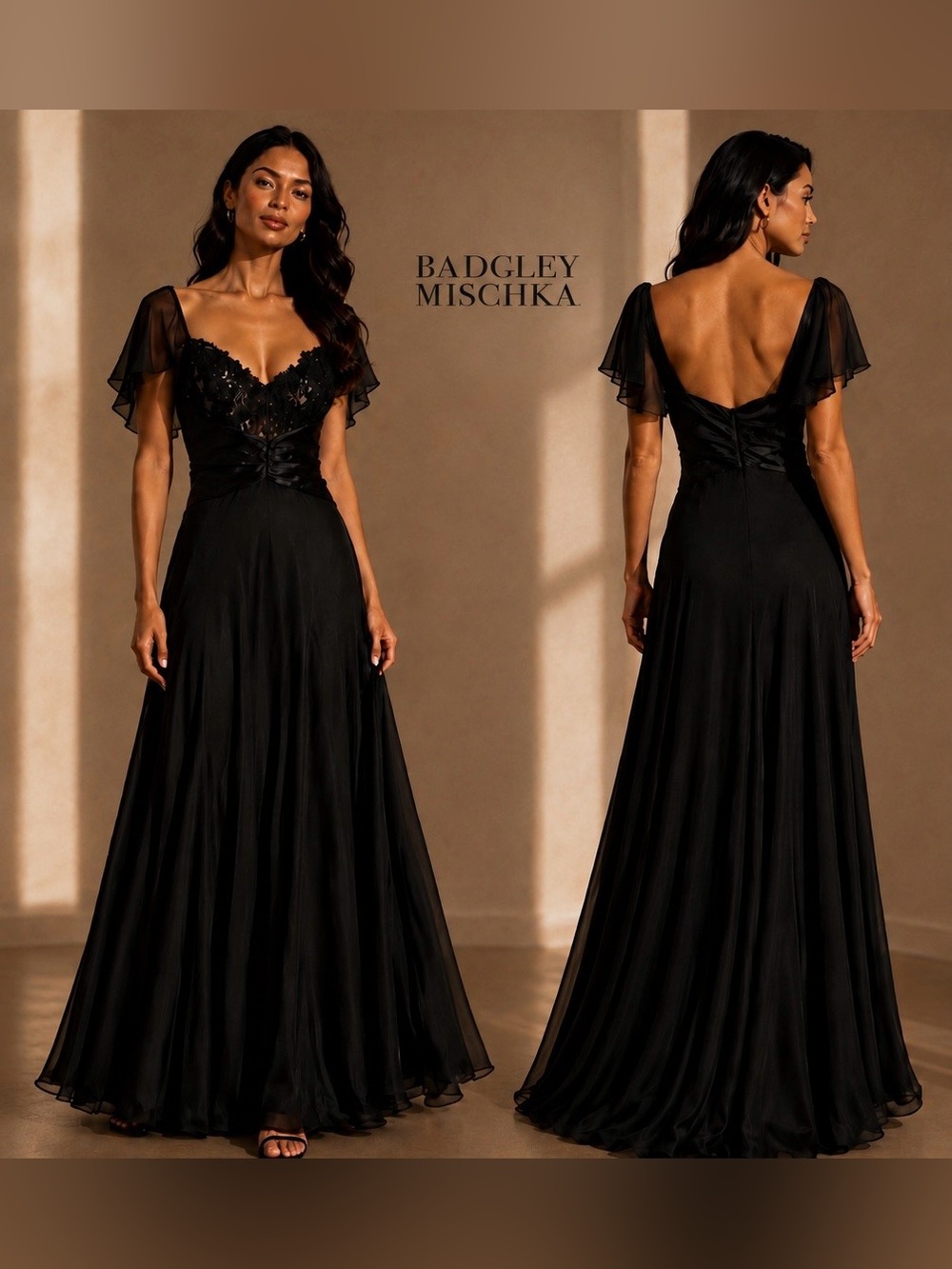🥂 BADGLEY MISCHKA Beautiful Black Lace & 100% Silk Full-Length Formal Gown NWTs